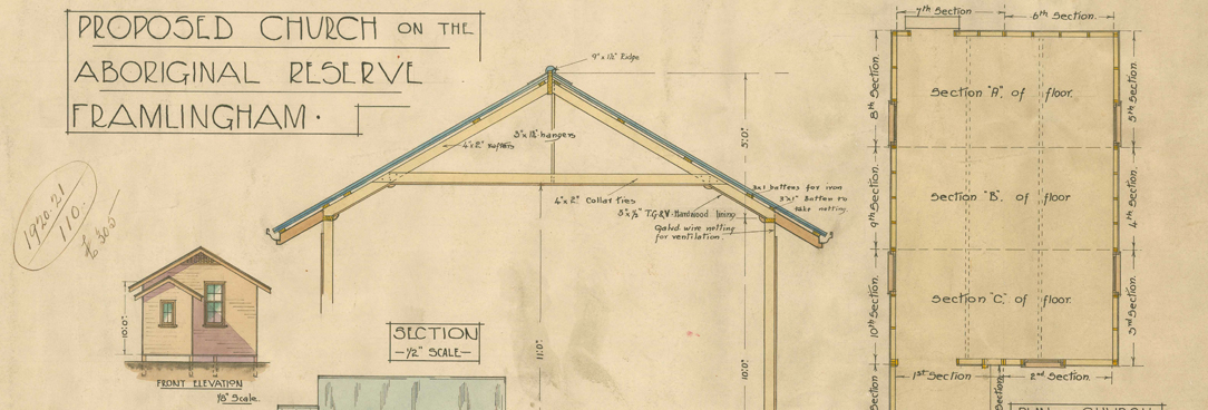 Colour plan showing proposed church to be built on the Aboriginal Reserve